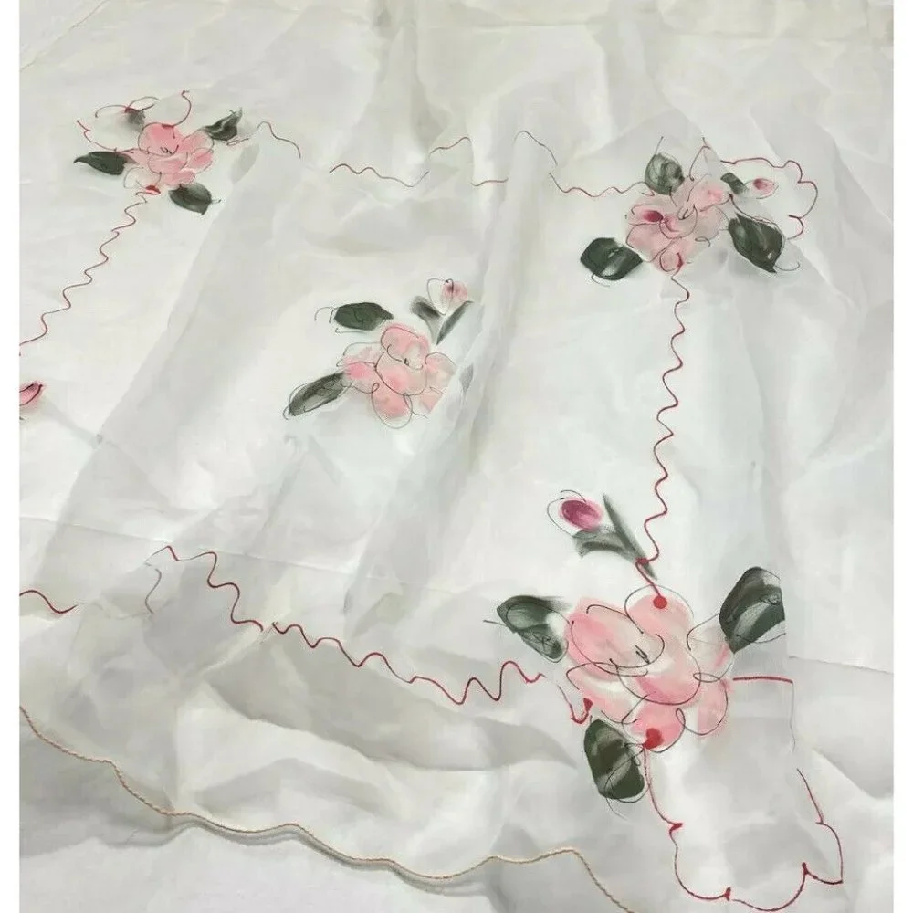 Vintage 1960s Sheer White Valances Curtains 4 Made Japan Hand Painted Pink Red